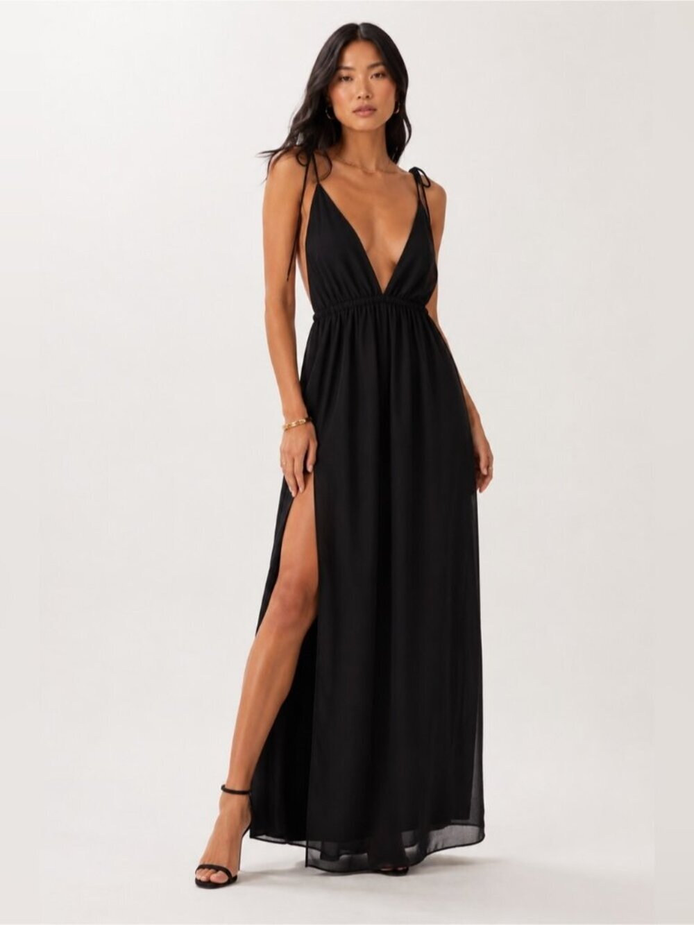 Superdown Natasha Maxi Dress Black Plunge Open Back Side Slit Size L